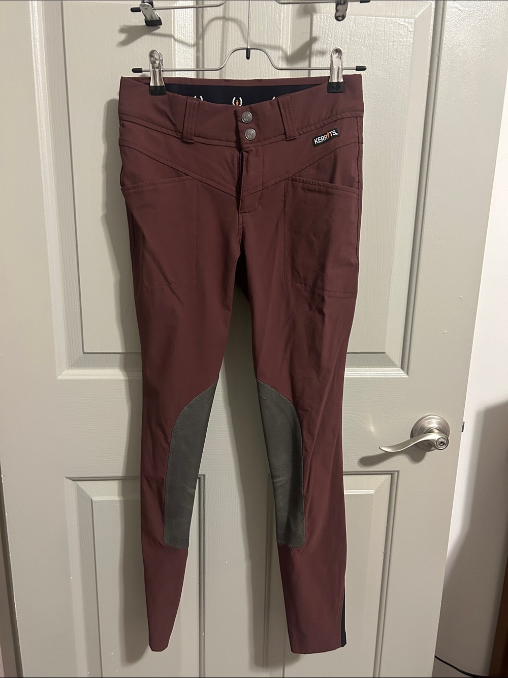 Kerrits Burgundy Skinny Riding Breeches with Gray Knee Patches